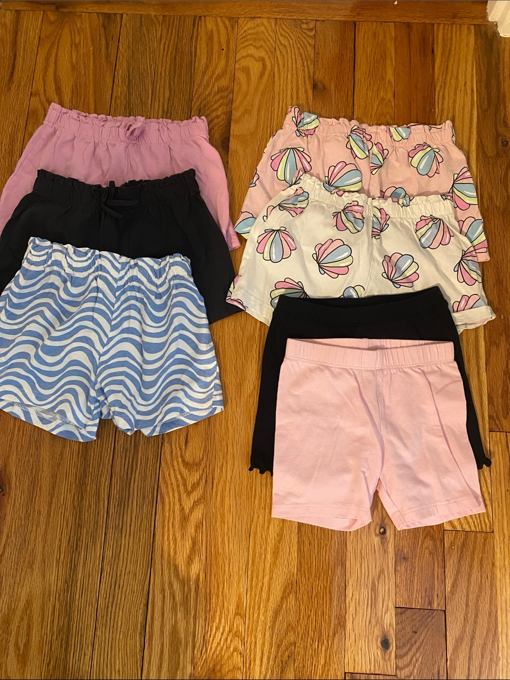 Kids Elastic Waist Shorts Pack - Pink, Black, Blue, White Shell Print